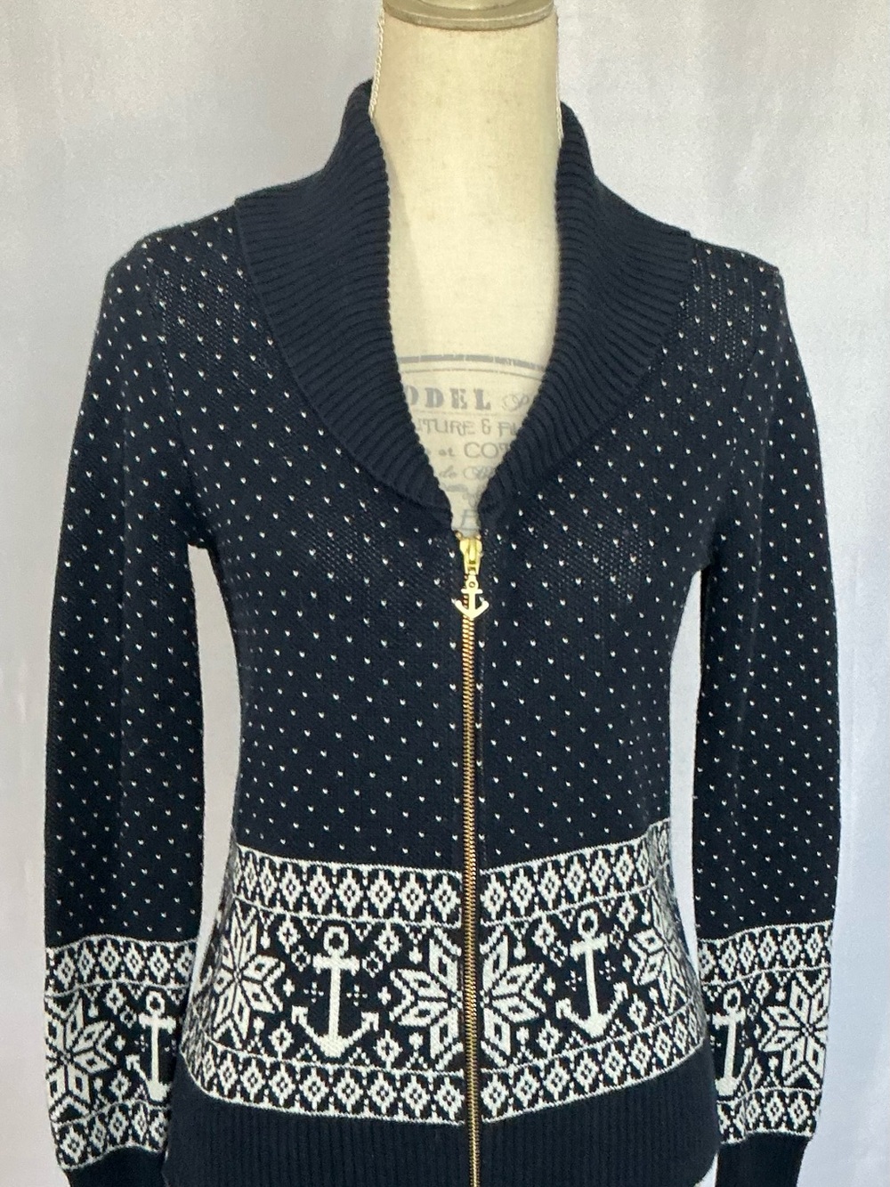 Nautica Navy Anchor Fair Isle Full-Zip Cotton Sweater Small
